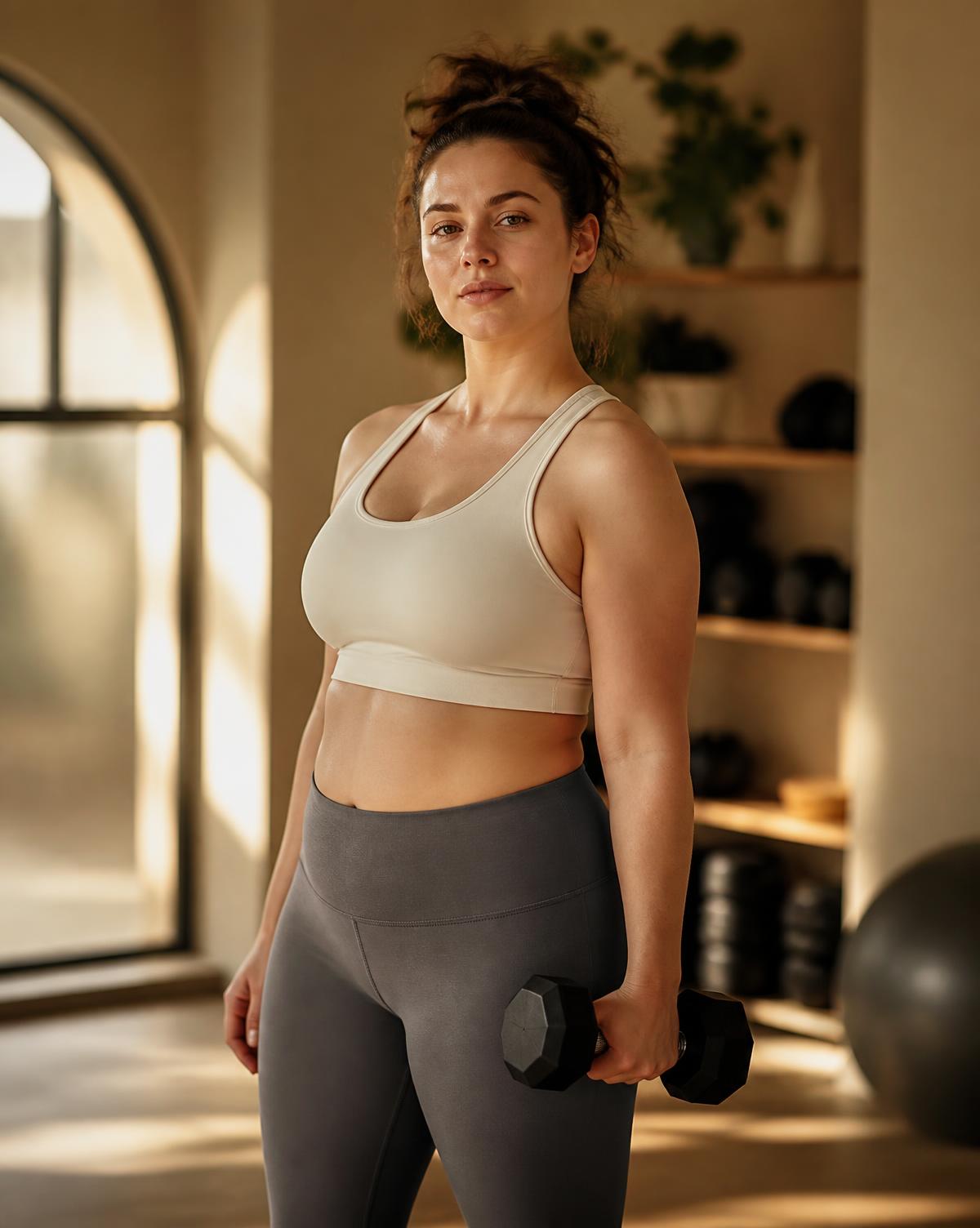 A woman holding a dumbbell in a warmly lit gym